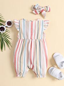 Baby Girl Striped Ruffle Trim Button Bow Front Romper With Headband - Multicolor - View 2