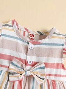 Baby Girl Striped Ruffle Trim Button Bow Front Romper With Headband - Multicolor - View 3