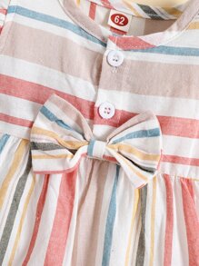 Baby Girl Striped Ruffle Trim Button Bow Front Romper With Headband - Multicolor - View 5