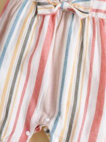 Baby Girl Striped Ruffle Trim Button Bow Front Romper With Headband - Multicolor - View 6
