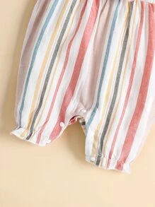 Baby Girl Striped Ruffle Trim Button Bow Front Romper With Headband - Multicolor - View 7