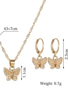 蝴蝶吊墜項鍊帶耳環 - 金黃色 - 查看 3