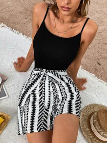 Geo Print Belted Cami Romper - Black and White - View 1