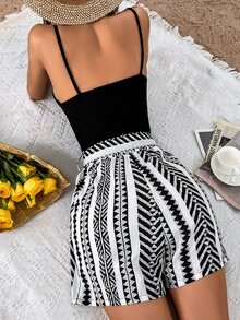 Geo Print Belted Cami Romper - Black and White - View 2