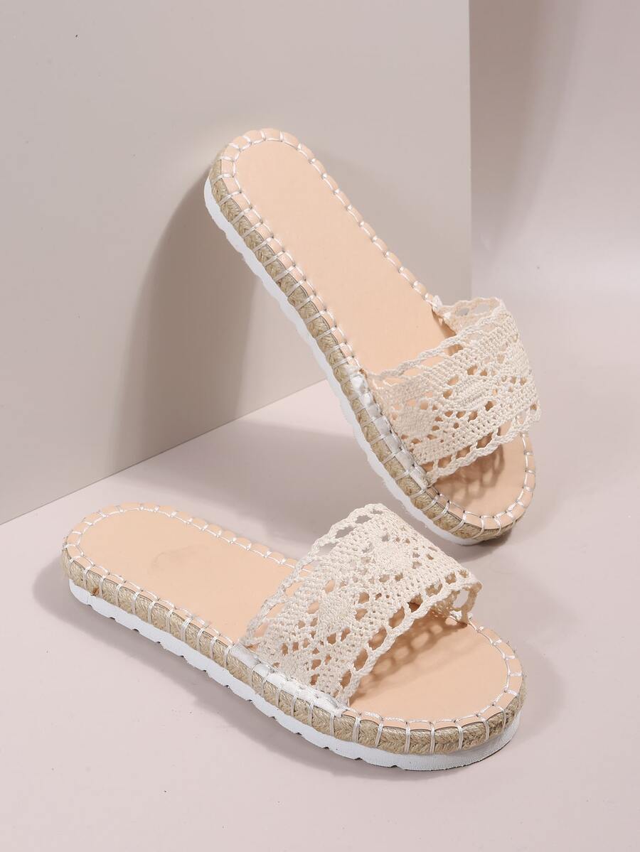 Crochet Single Band Slide Sandals - Beige - View 1