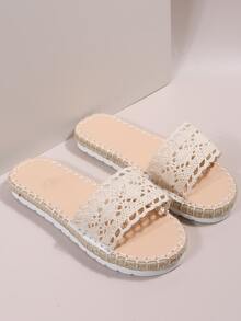 Crochet Single Band Slide Sandals - Beige - View 4