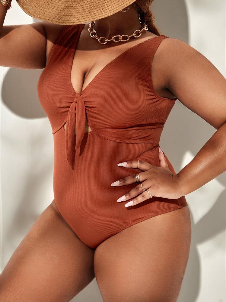 SHEIN Swim Curve Plus Size Tie Front One Piece Swimsuit Summer - Coffee Brown - View 3