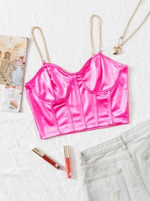 SHEIN Privé Chain Detail Silky Bustier Cami Crop Top - Hot Pink - View 1