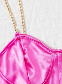 SHEIN Privé Chain Detail Silky Bustier Cami Crop Top - Hot Pink - View 4