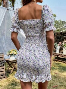 Vestido floral con cordón delantero con abertura bajo con fruncido - Multicolor - Ver 2