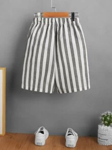SHEIN Tween Boy's Striped Knot Waist Elastic Waistband Casual Shorts, Summer - Multicolor - View 2