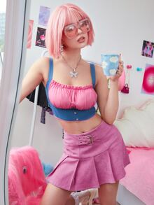 搭扣帶百褶半身裙 - 粉色 - 查看 5