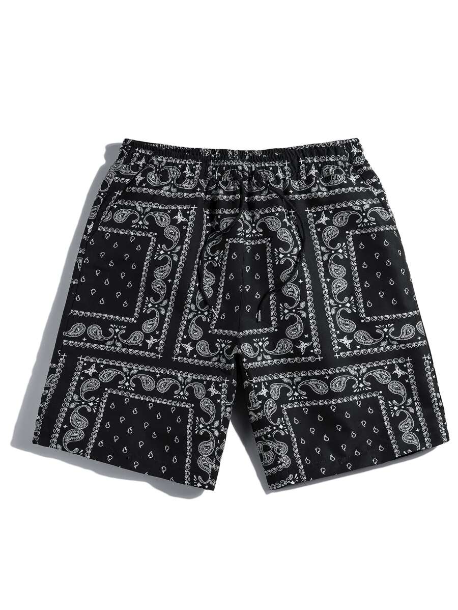 Manfinity RSRT Loose Fit Men's Paisley Print Shorts With Drawstring Waist Graphic Going Out Casual Drawstring Shorts, For Husband, Boyfriend Gifts
