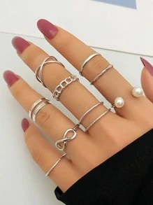 9pcs Faux Pearl Decor Ring - Silver - View 1