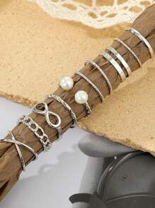 9pcs Faux Pearl Decor Ring - Silver - View 2
