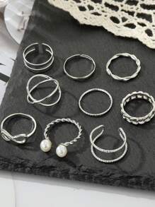 9pcs Faux Pearl Decor Ring - Silver - View 4