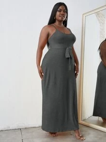 Maweii Vestido de tirantes unicolor con cinturón - Gris Oscuro - Ver 4