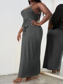 Maweii Vestido de tirantes unicolor con cinturón - Gris Oscuro - Ver 5