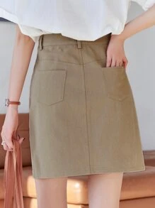 DAZY Slant Pockets Straight Skirt - Khaki - View 2