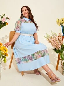 Mulvari 大碼印花蕾絲拼接泡泡袖洋裝不附腰帶 - 淺藍色 - 查看 6