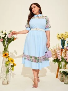 Mulvari 大碼印花蕾絲拼接泡泡袖洋裝不附腰帶 - 淺藍色 - 查看 1