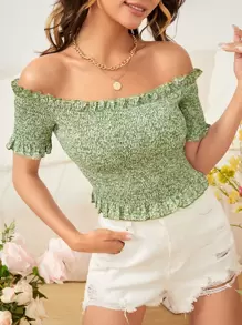 Áo nữ viền lá sen Dải chun Họa tiết hoa Boho - Màu xanh Bạc hà - Xem 1