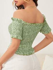 Áo nữ viền lá sen Dải chun Họa tiết hoa Boho - Màu xanh Bạc hà - Xem 2