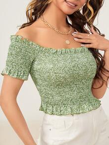 Áo nữ viền lá sen Dải chun Họa tiết hoa Boho - Màu xanh Bạc hà - Xem 3