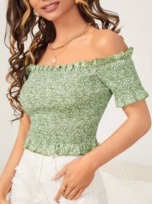 Áo nữ viền lá sen Dải chun Họa tiết hoa Boho - Màu xanh Bạc hà - Xem 4