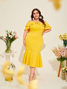 Modelyn Vestido ribete con fruncido de hombros descubiertos bajo sirena - Amarillo - Ver 4