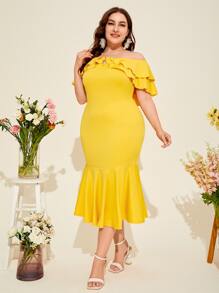 Modelyn Vestido ribete con fruncido de hombros descubiertos bajo sirena - Amarillo - Ver 3