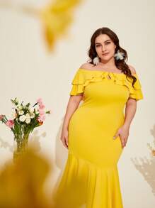 Modelyn Vestido ribete con fruncido de hombros descubiertos bajo sirena - Amarillo - Ver 2