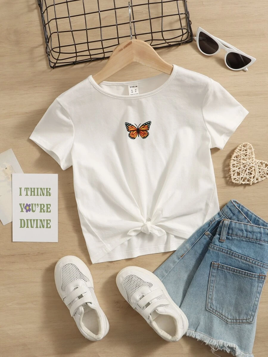 SHEIN Girls Butterfly Print Knot Hem Tee - White - View 1