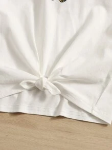 SHEIN Girls Butterfly Print Knot Hem Tee - White - View 3