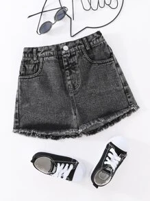 少女款休閒基本款深色牛仔短褲，有削磨邊緣處理，適合夏季穿著 - 深灰色 - 查看 1