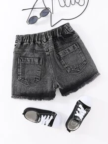 少女款休閒基本款深色牛仔短褲，有削磨邊緣處理，適合夏季穿著 - 深灰色 - 查看 2