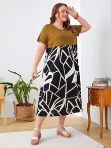 Mulvari Đầm Plus Size Cắt ra Hình học Giải trí - Nhiều màu - Xem 3