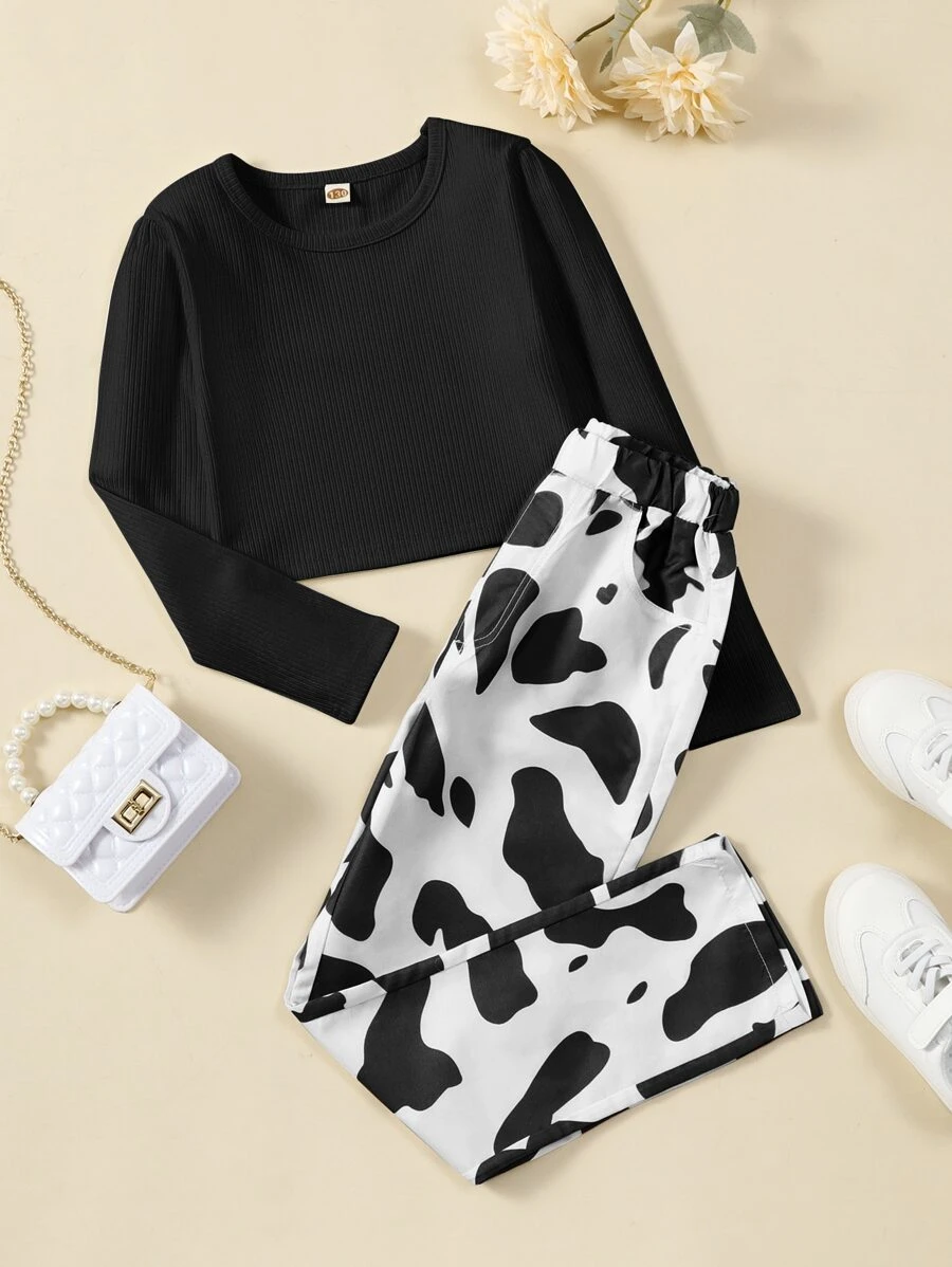 Girls Solid Top & Cow Print Trousers - Black and White - View 1