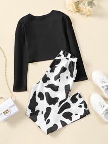 Girls Solid Top & Cow Print Trousers - Black and White - View 2