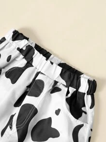 Girls Solid Top & Cow Print Trousers - Black and White - View 3