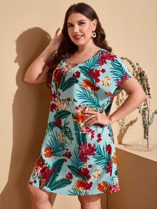 SHEIN VCAY Plus Floral & Tropical Print Cut Out Tunic Dress - Multicolor - View 4
