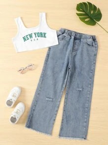 SHEIN 女孩字母圖案背心上衣和破洞毛邊牛仔褲 - 藍白色 - 查看 1