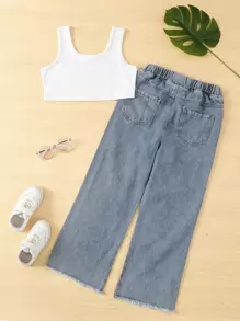 SHEIN 女孩字母圖案背心上衣和破洞毛邊牛仔褲 - 藍白色 - 查看 2