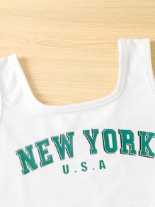 SHEIN 女孩字母圖案背心上衣和破洞毛邊牛仔褲 - 藍白色 - 查看 4