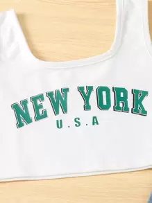 SHEIN 女孩字母圖案背心上衣和破洞毛邊牛仔褲 - 藍白色 - 查看 5