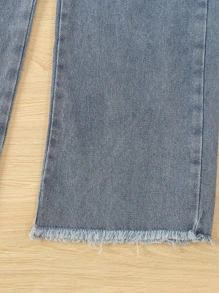 SHEIN 女孩字母圖案背心上衣和破洞毛邊牛仔褲 - 藍白色 - 查看 6