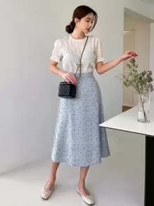 DAZY Floral Print Skirt - Dusty Blue - View 3