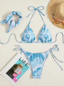 SHEIN Swim 夏季海灘蝴蝶圖案束邊三角比基尼，內含三角巾 - 藍色 - 查看 7