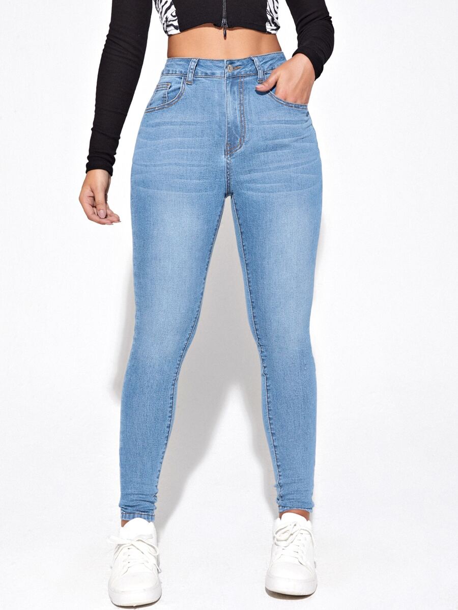 SHEIN Essnce 高腰漂白水洗緊身牛仔褲 - 淺色水洗藍 - 查看 1