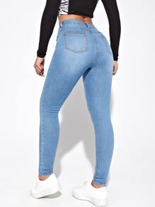 SHEIN Essnce 高腰漂白水洗緊身牛仔褲 - 淺色水洗藍 - 查看 2
